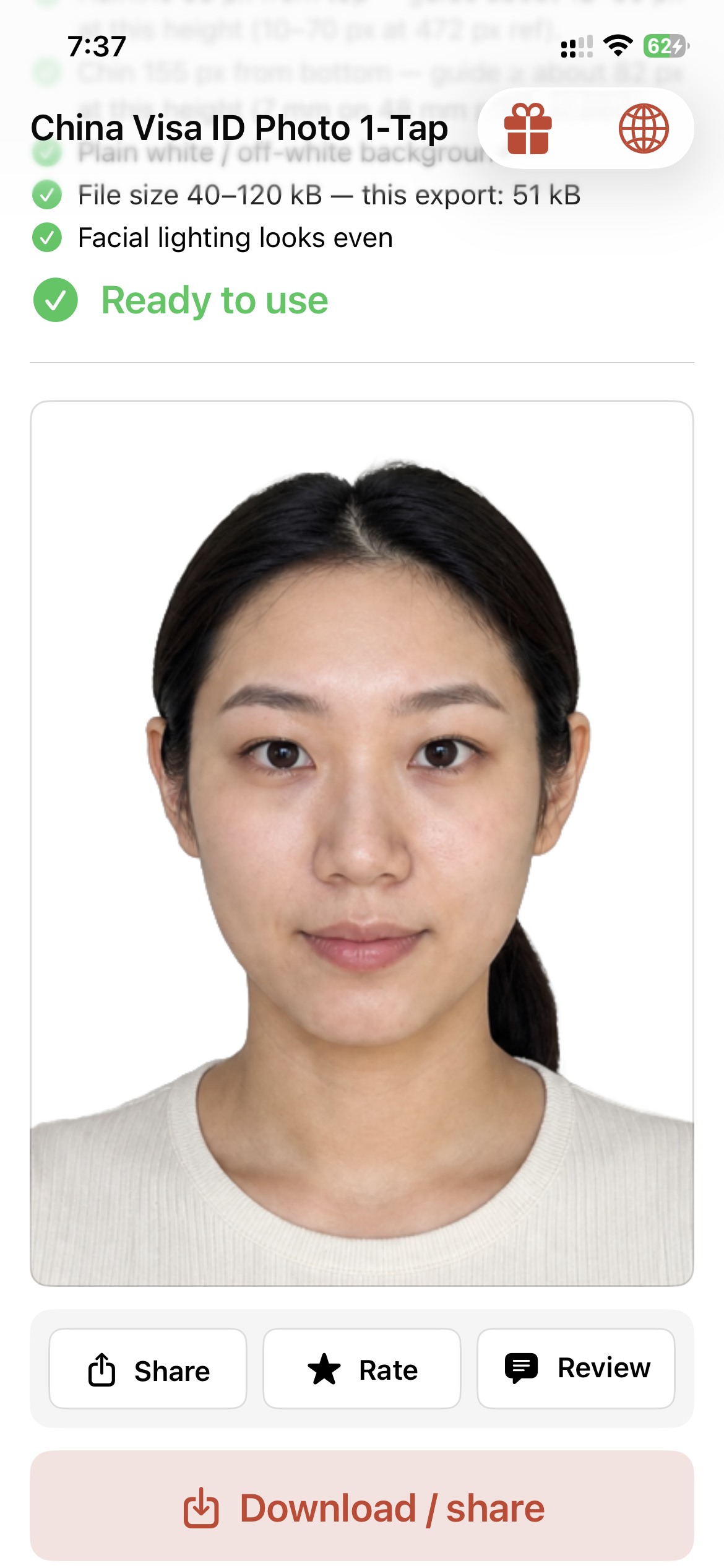 The same photo in the China Visa ID Photo 1-Tap app: background removed, cropped, compliance checklist passed, marked Ready to use