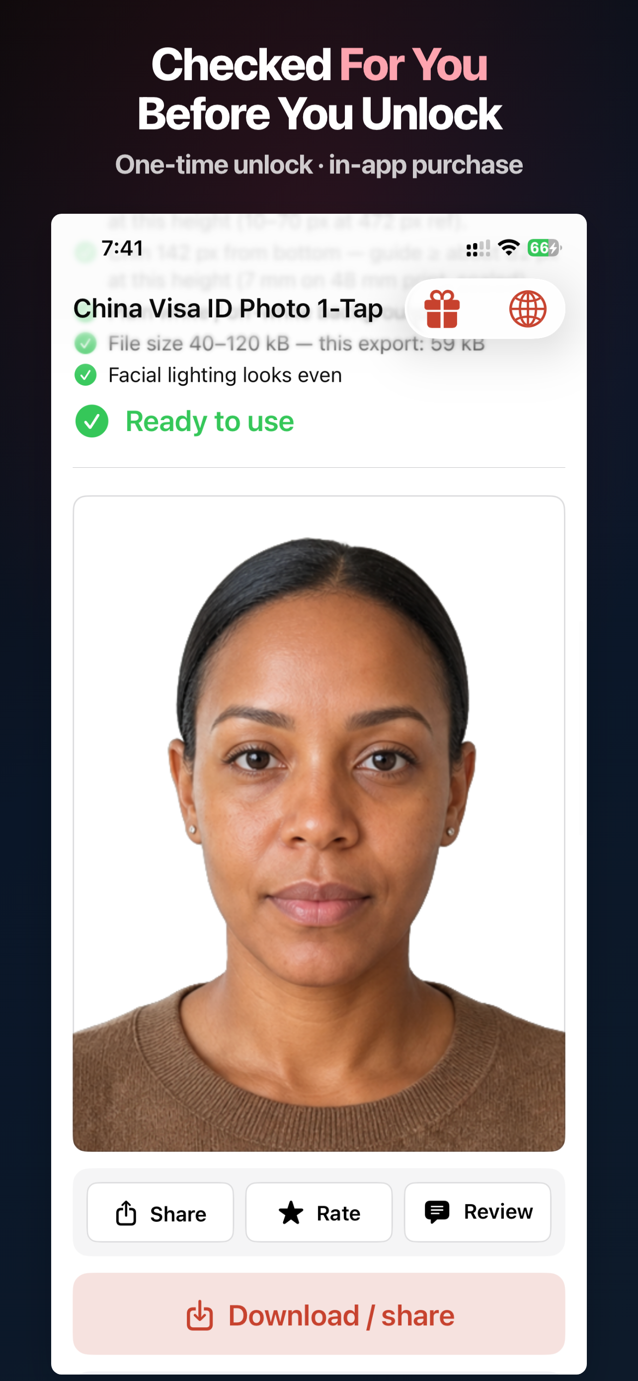 China Visa Photo App Store screen showing the digital export checklist before unlock