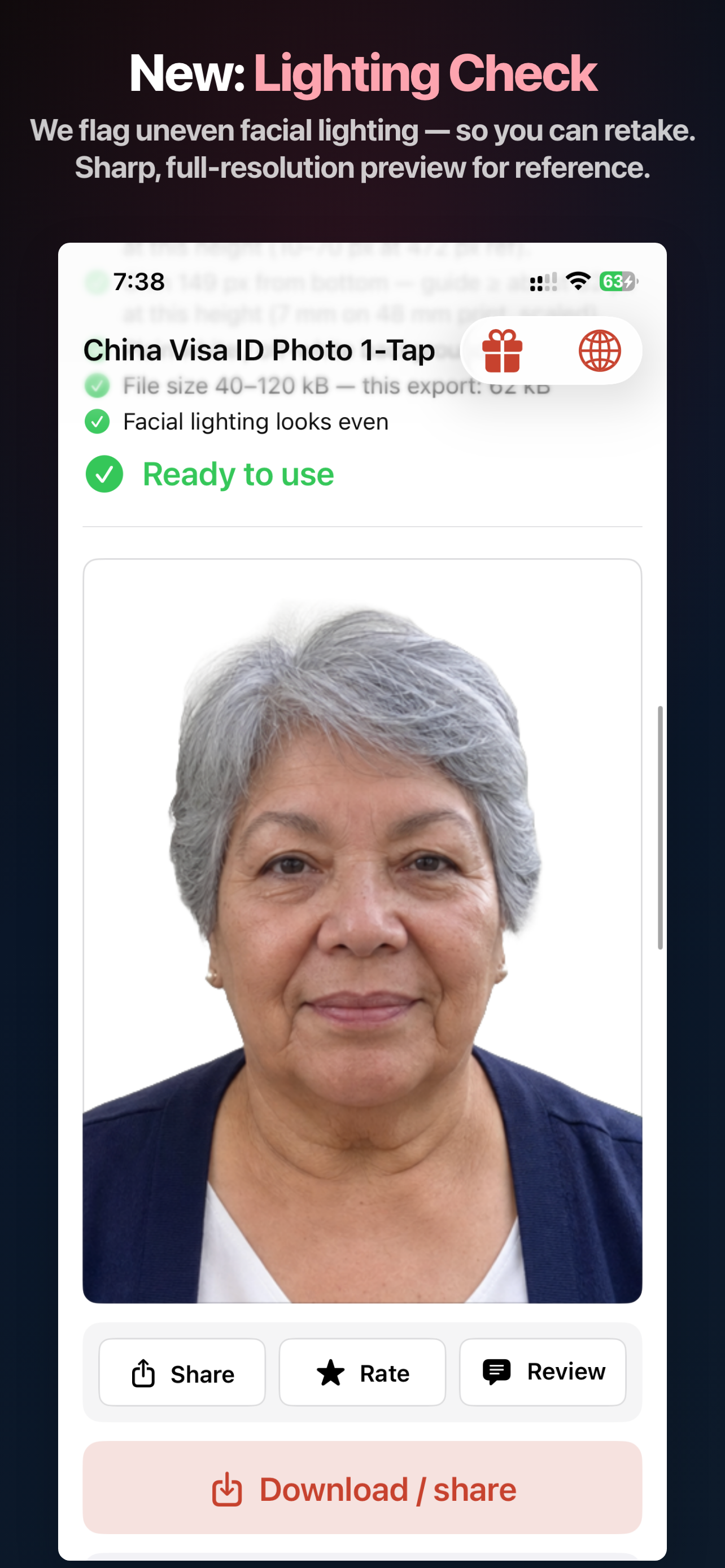 China Visa Photo App Store screen showing the lighting check before export
